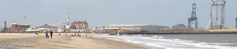Gorleston beach, with Great Yarmouth docks in background, Ruth's coastal walk