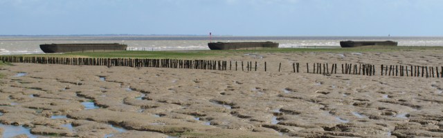Barges as breakwaters at Sales Point, Dengie Peninsula, Ruth's coastal walk.