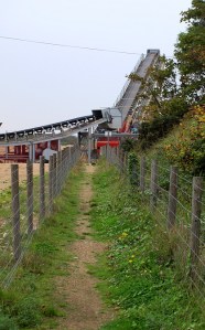 Path going under gravel conveyor belt, Kent, Ruth's coastal walk