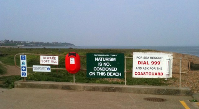 naturism warning, Kent coast. Ruth's walking.