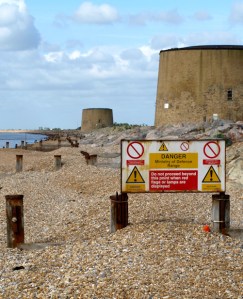 Martello tower guarding entrance to range, Hythe. Kent.