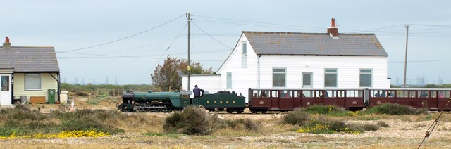 Train going through Dungeness, Ruths coastal walk.