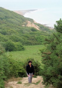 Ruth scrambling up path, Fairlight Glen, Ruth's coast walk through Sussex.