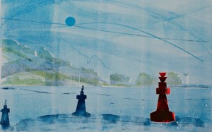 Needles - monoprint - by Tim Baynes, my artist in residence.