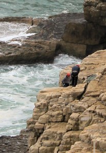 rock climbers on Dancing Ledge, Purbeck, Ruth walks the coastline.