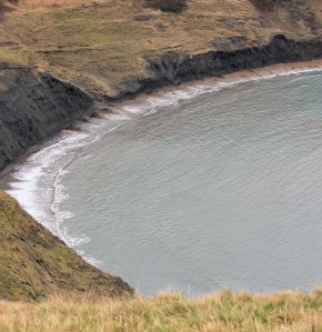 Chapman's Pool, from Houns-Tout Cliff, Ruth walking the coast in Dorset