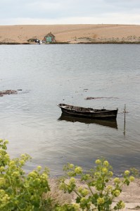 Chesil Beach and fishing boat and hut - Ruth's coastal walk