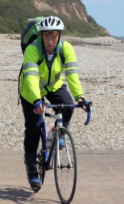 husband on bike at Seaton - Ruth's support team on her coastal walk