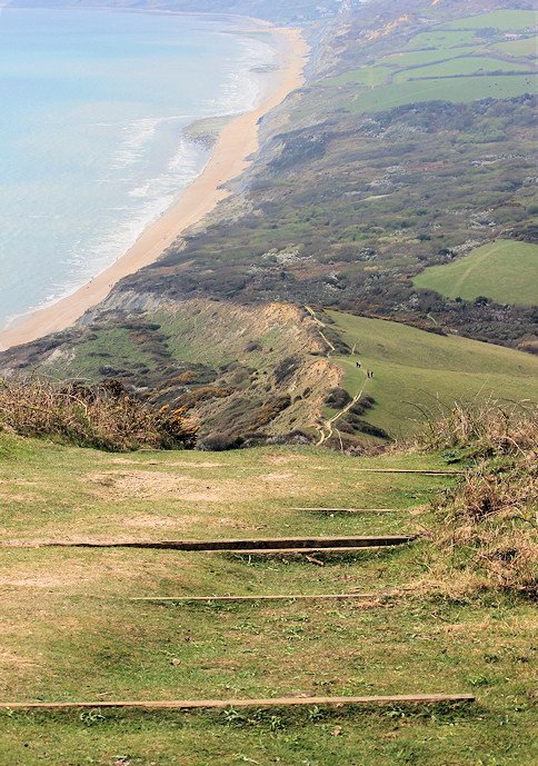 coming down from Golden Cap, Ruth on the South West Coast Path, Dorset