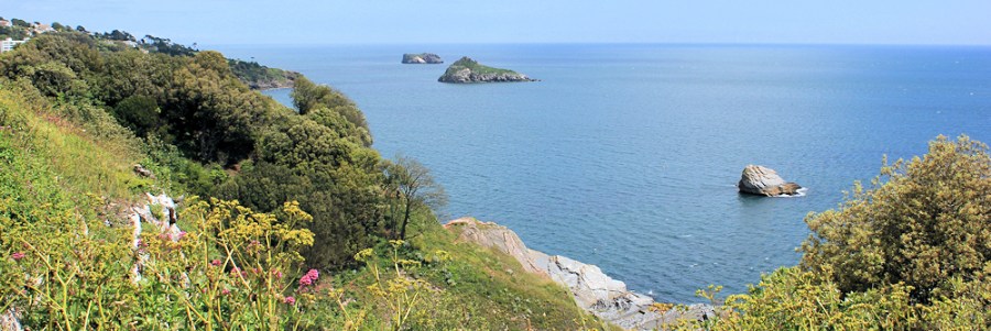 view back over rocks, Torquay, Ruth walking round Torbay