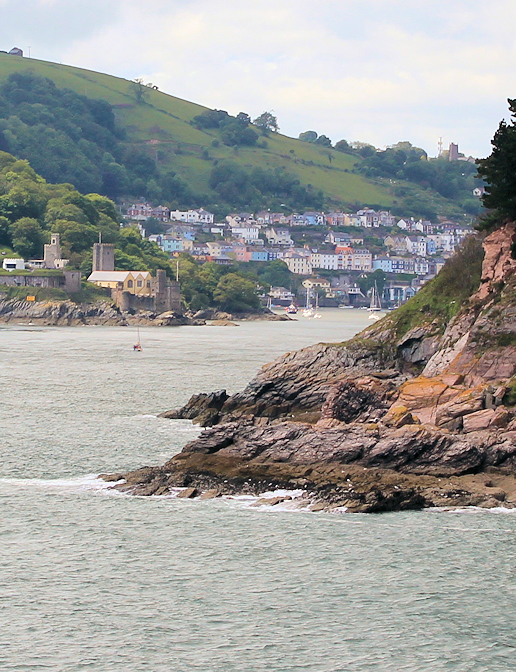 entrance to Dartmouth, Ruth walking the South West coast path