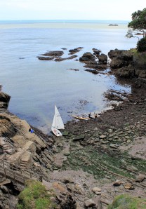 Sugary Cove, Ruth walking round the coast. Dartmouth.