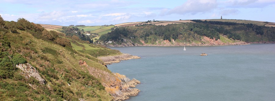 looking back to the mouth of the River Dart, Ruth walking round the coast