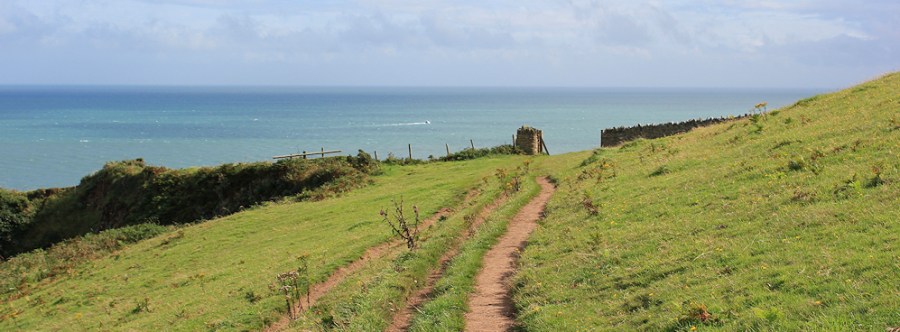Combe Point, Ruth walking on the South West Coast Path, Devon.