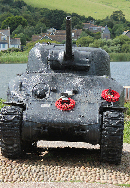 tank memorial at Slapton Sands, Torcross. Ruth walking the coast.