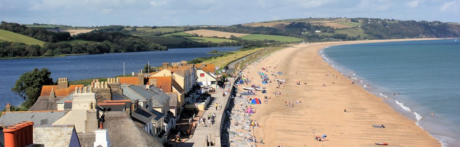 looking back along Slapton Sands, Ruth walks the coast, Devon.