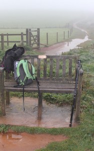 Great Ledge, in the mist, Ruth on the South West Coast Path, Devon.