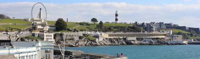 Ruth looking back to Plymouth Hoe, on her coastal walk
