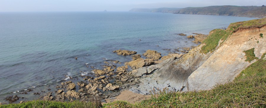 view across Veryan Bay, Ruth walking round the coast, Cornwall