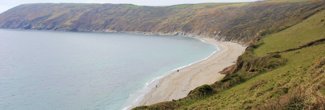 Vault Beach from the east, Ruth walking the SW Coast Path, Cornwall