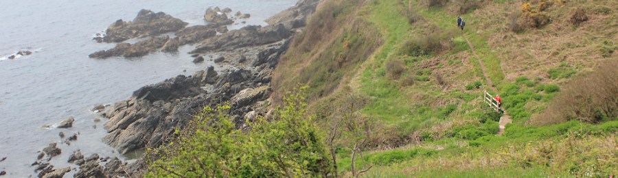 hubby waiting, looking down from Caragloose Point, Ruth on her coastal walk