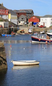 Mevagissey harbour, Ruth walking the coast of Cornwall