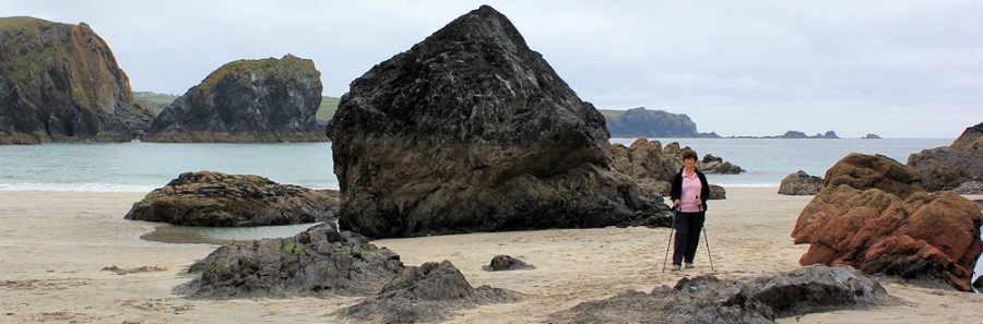 Kynance Cove, rocks, Ruth on her coastal walk SWCP