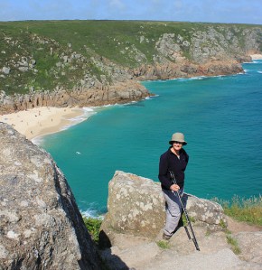 Above Porthcurno beach, Ruth walking the coast, Cornwall