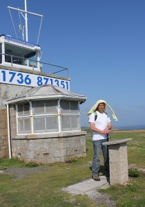 Lookout station, Gwennap Head, John with Ruth on her coast walk