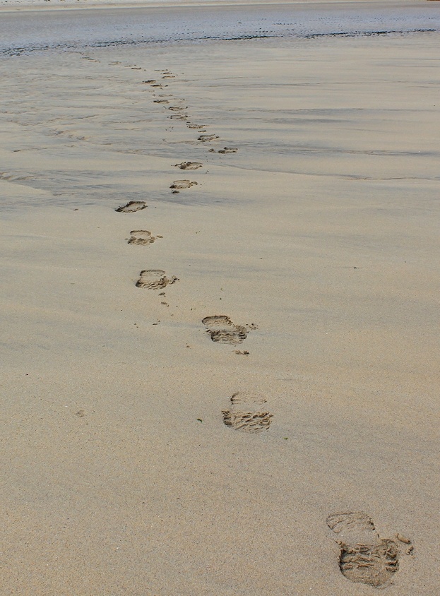 footsteps on sand, Hayle, Ruth walking around Cornwall