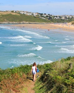 towards Crantock Beach, Ruth on her coastal walk, Newquay