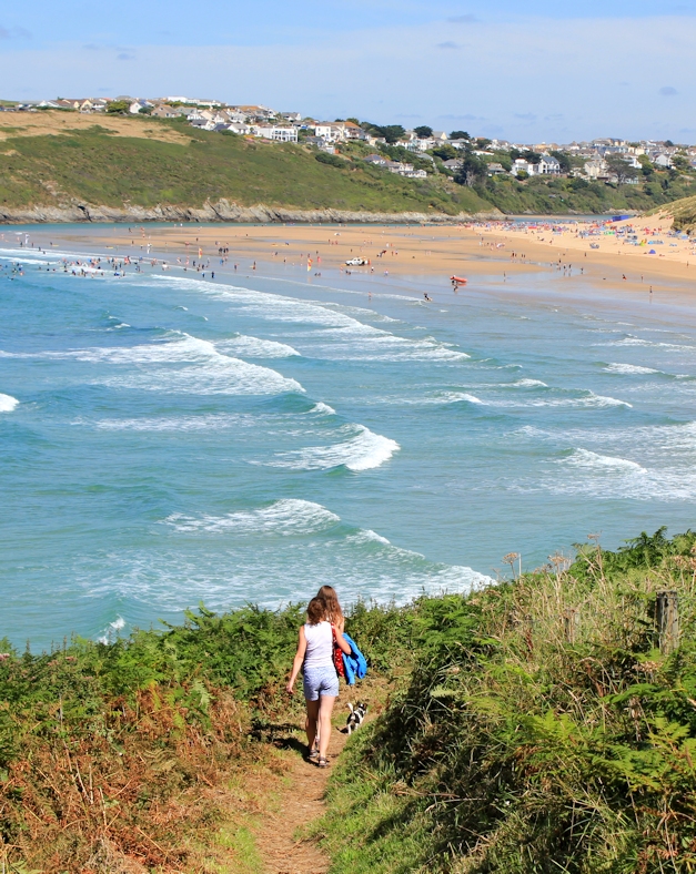 towards Crantock Beach, Ruth on her coastal walk, Newquay