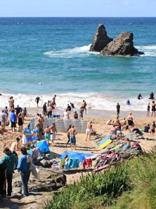 High tide, Porthcothan, Ruth walking round the coast, Cornwall