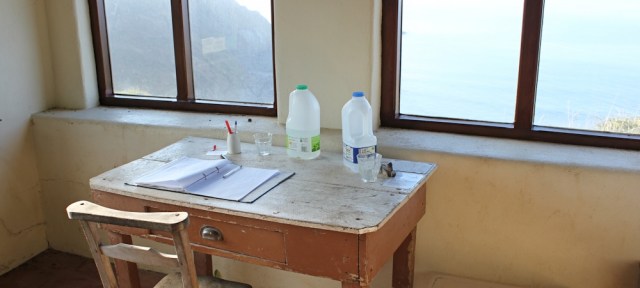 12 inside Ronald's House, Ruth walking the SWCP, Marsland Mouth