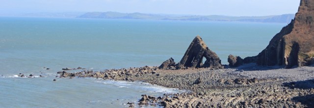 Blackchurch Rock, Mouthmill Beach, Ruth on her coastal walk