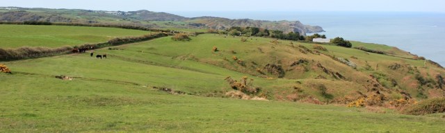 looking back over Lee Bay to Bull Point, Ruth on her coastal walk, Devon
