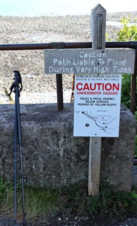 warning signs, Porlock Weir, South West Coast Path