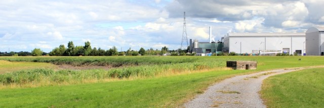 modern industry and pill boxes, Ruth walking the River Parrett