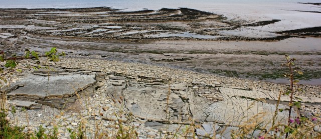 amazing rocks, Bridgewater Bay, Ruth walking the Somerset Coast