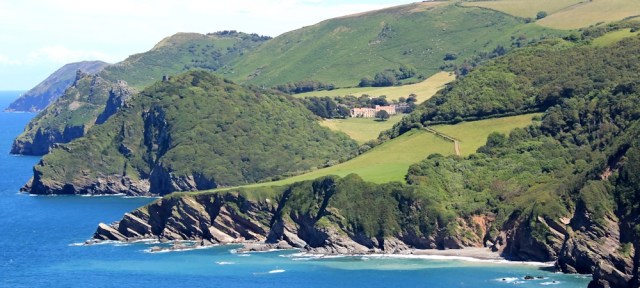 lunchtime view over Woody Bay, Ruth walking the coast, North Devon