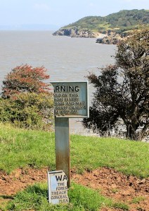 warning signs, Middle Hope, Ruth walking the Somerset coast