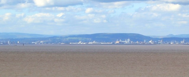 Wales in the distance, Ruth walking in Weston super Mare