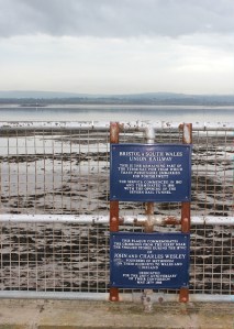 old ferry and rail crossing point, Severn River, Ruth walking the coast