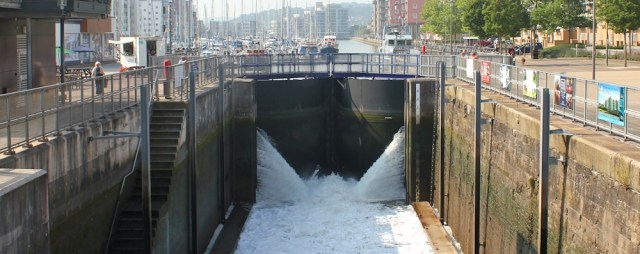 lock gates, Portishead Marina, Ruth walking the coast in Somerset
