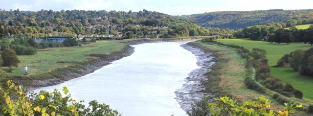 looking back up the River Avon, Ruth walking The Severn Way