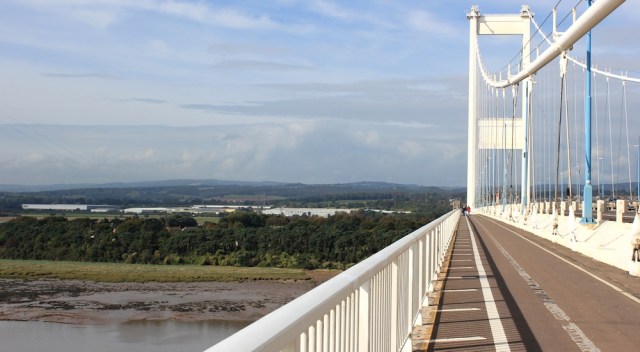  walking the suspension part, 1st Severn Crossing, Ruth on the bridge