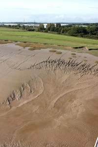 view of muddy bank, Welsh side, from First Severn Crossing, Ruth on the bridge