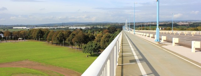 Going over Beachley, Ruth walking across the Severn Bridge