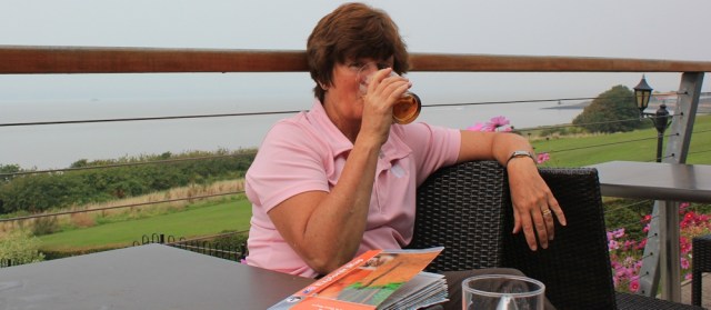 24 Ruth drinking a pint of cider, Portishead