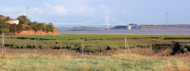 b07 First Severn Bridge, from St Pierre's Pill, Ruth walking the Wales Coast Path